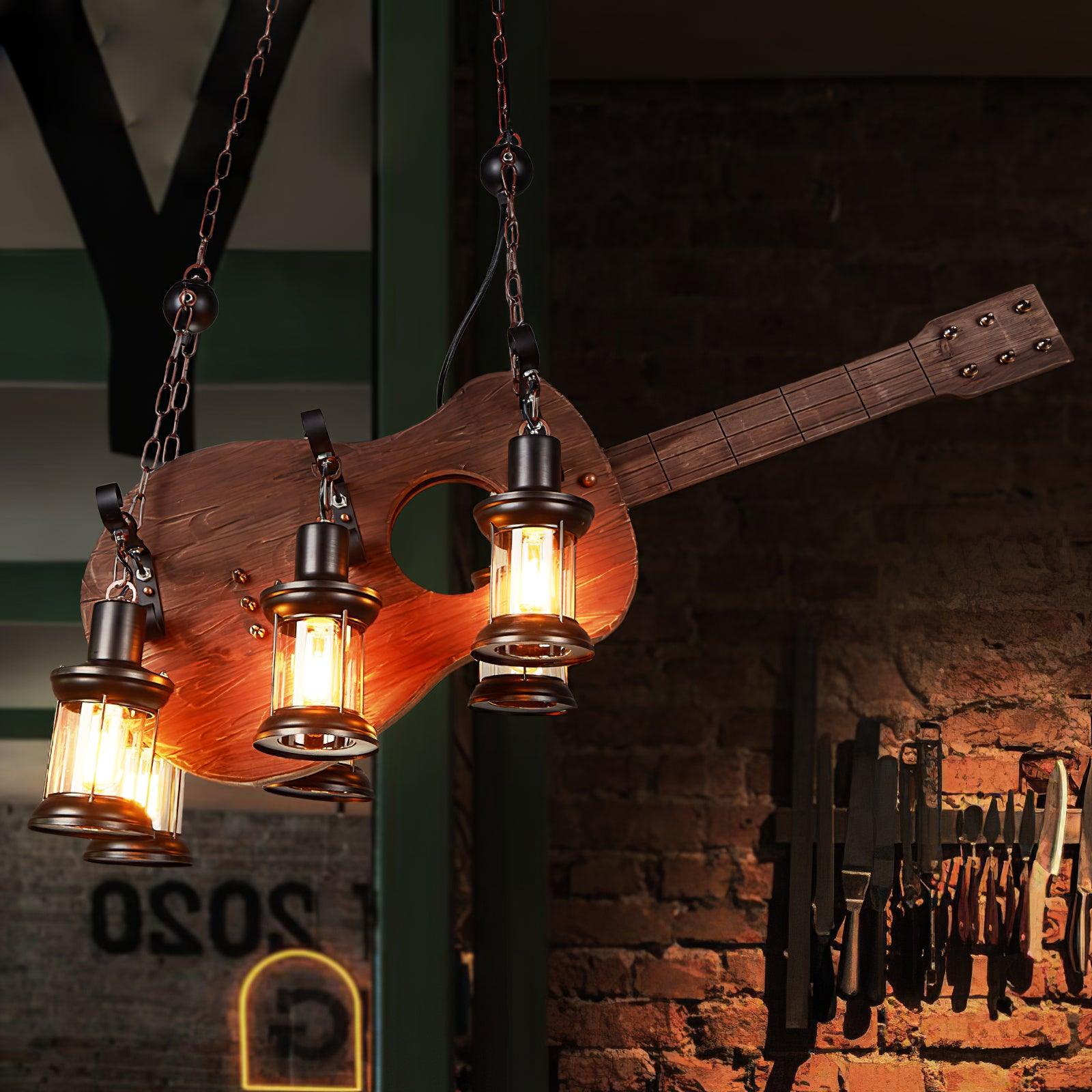 Vintage Guitar Pendant Light Rustic Wood and Glass Ceiling Hanging Lamp