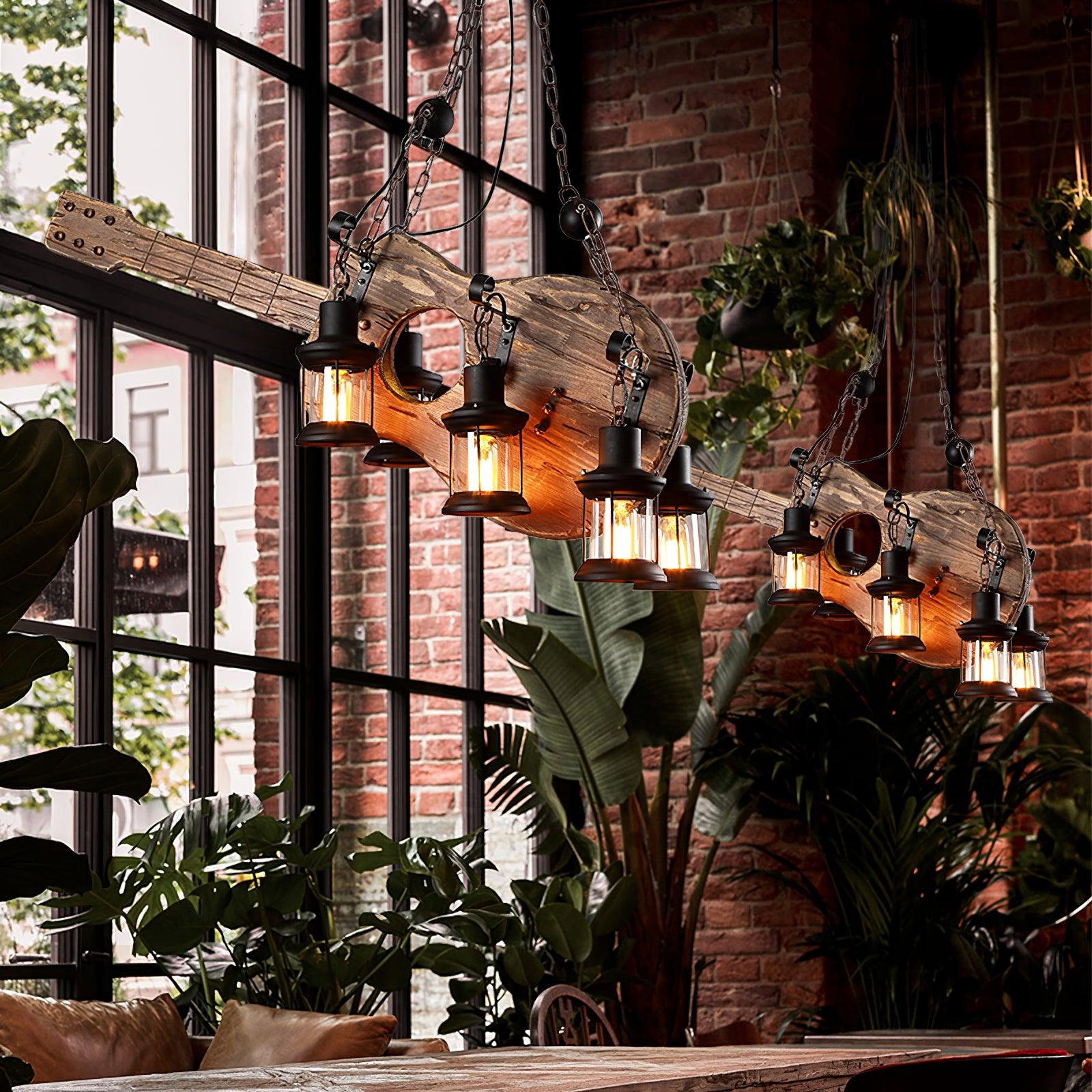 Vintage Guitar Pendant Light Rustic Wood and Glass Ceiling Hanging Lamp