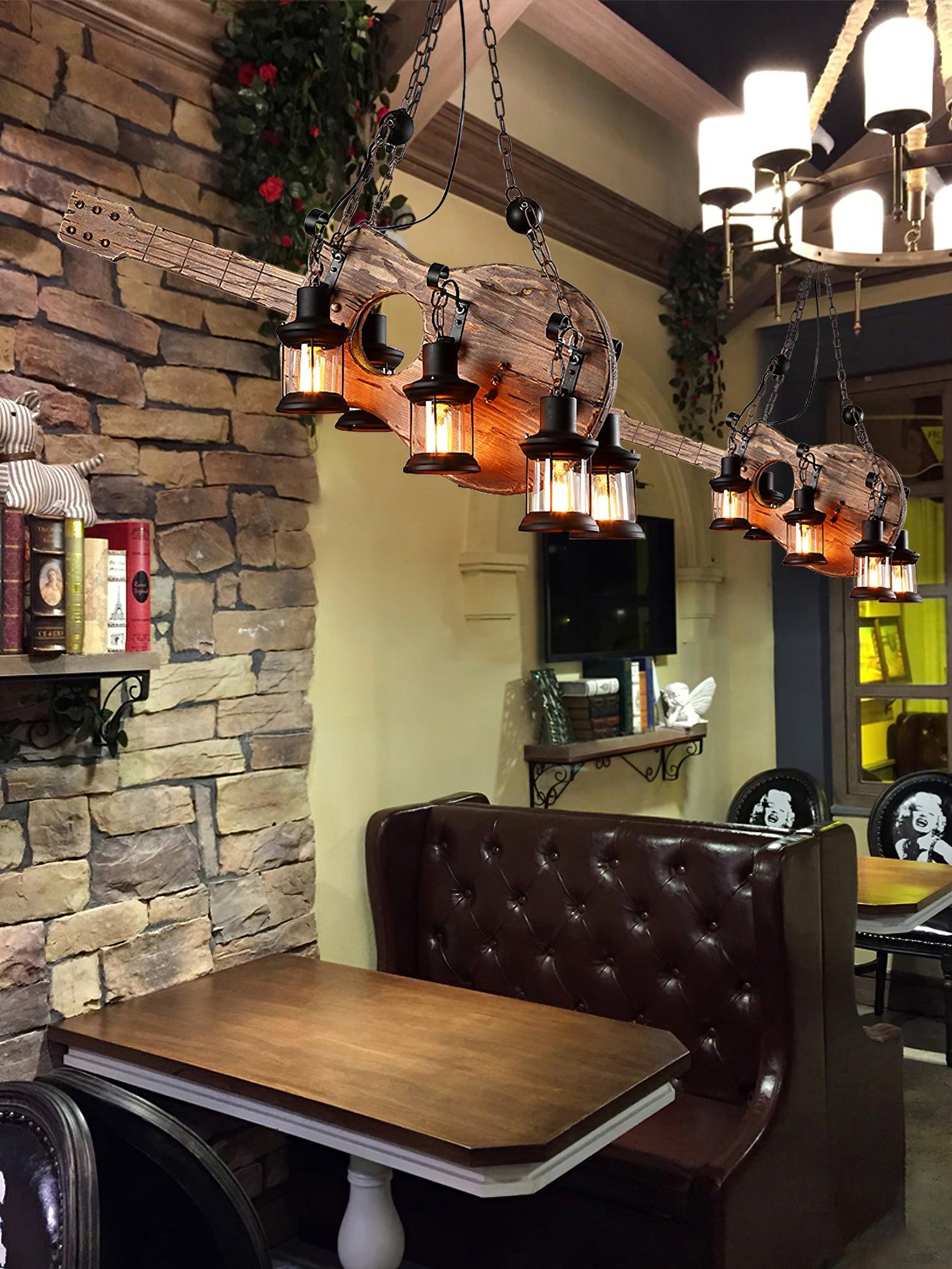 Vintage Guitar Pendant Light Rustic Wood and Glass Ceiling Hanging Lamp