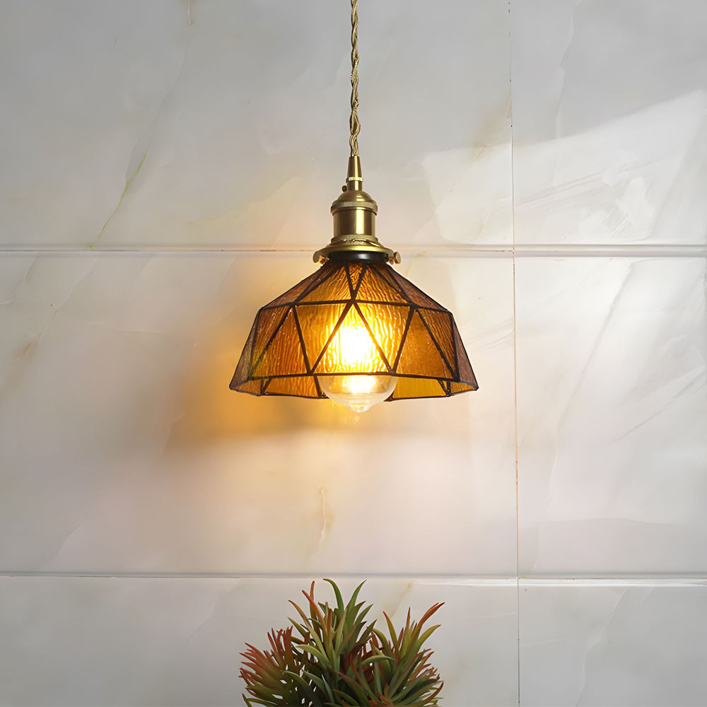 Vintage Handcrafted Stained Glass Cone Pendant Light Copper Gold Ceiling Hanging Lamp