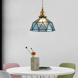 Vintage Handcrafted Stained Glass Cone Pendant Light Copper Gold Ceiling Hanging Lamp