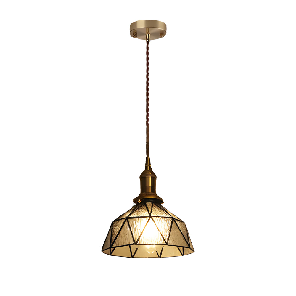 Vintage Handcrafted Stained Glass Cone Pendant Light Copper Gold Ceiling Hanging Lamp