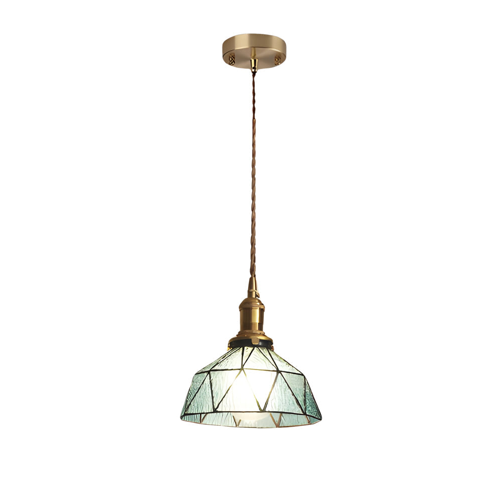 Vintage Handcrafted Stained Glass Cone Pendant Light Copper Gold Ceiling Hanging Lamp