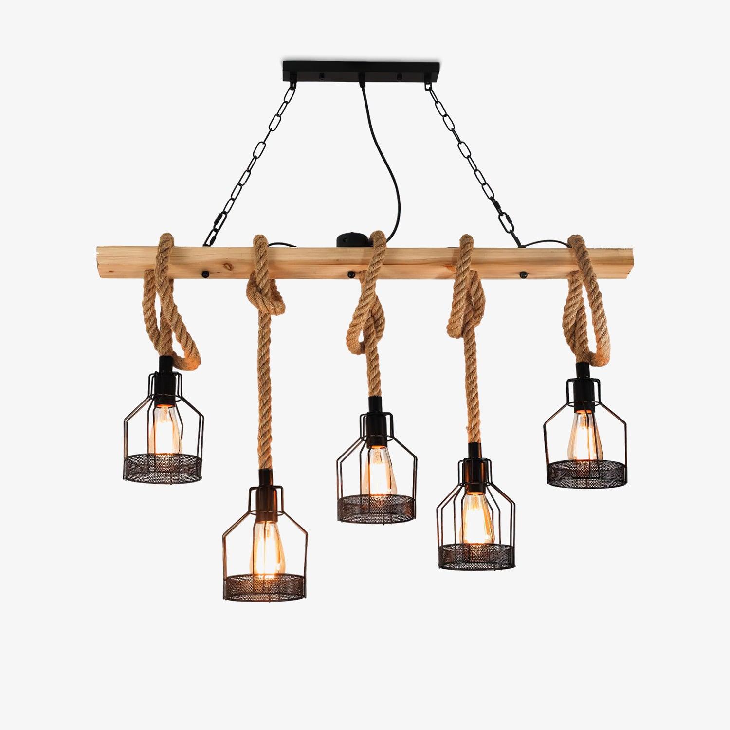 Vintage Industrial Hemp Rope Grenade Chandelier Rustic Wood Crown Pendant Light