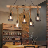 Vintage Industrial Hemp Rope Grenade Chandelier Rustic Wood Crown Pendant Light