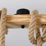 Vintage Industrial Hemp Rope Grenade Chandelier Rustic Wood Crown Pendant Light