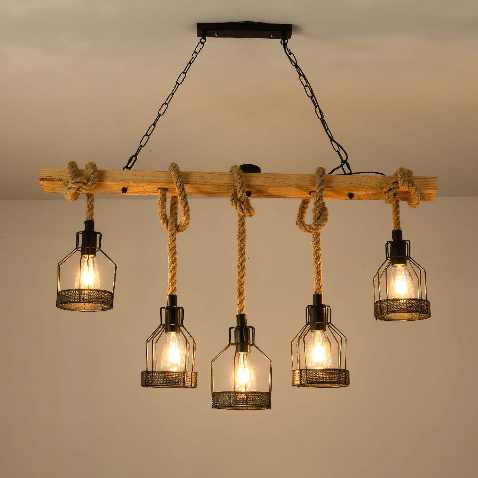 Vintage Industrial Hemp Rope Grenade Chandelier Rustic Wood Crown Pendant Light