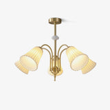 Vintage Medieval Style Ceramic Trumpet Chandelier with Gold Metal Arms and White Shades