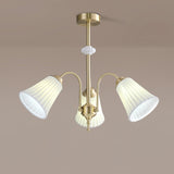 Vintage Medieval Style Ceramic Trumpet Chandelier with Gold Metal Arms and White Shades