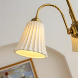 Vintage Medieval Style Ceramic Trumpet Chandelier with Gold Metal Arms and White Shades