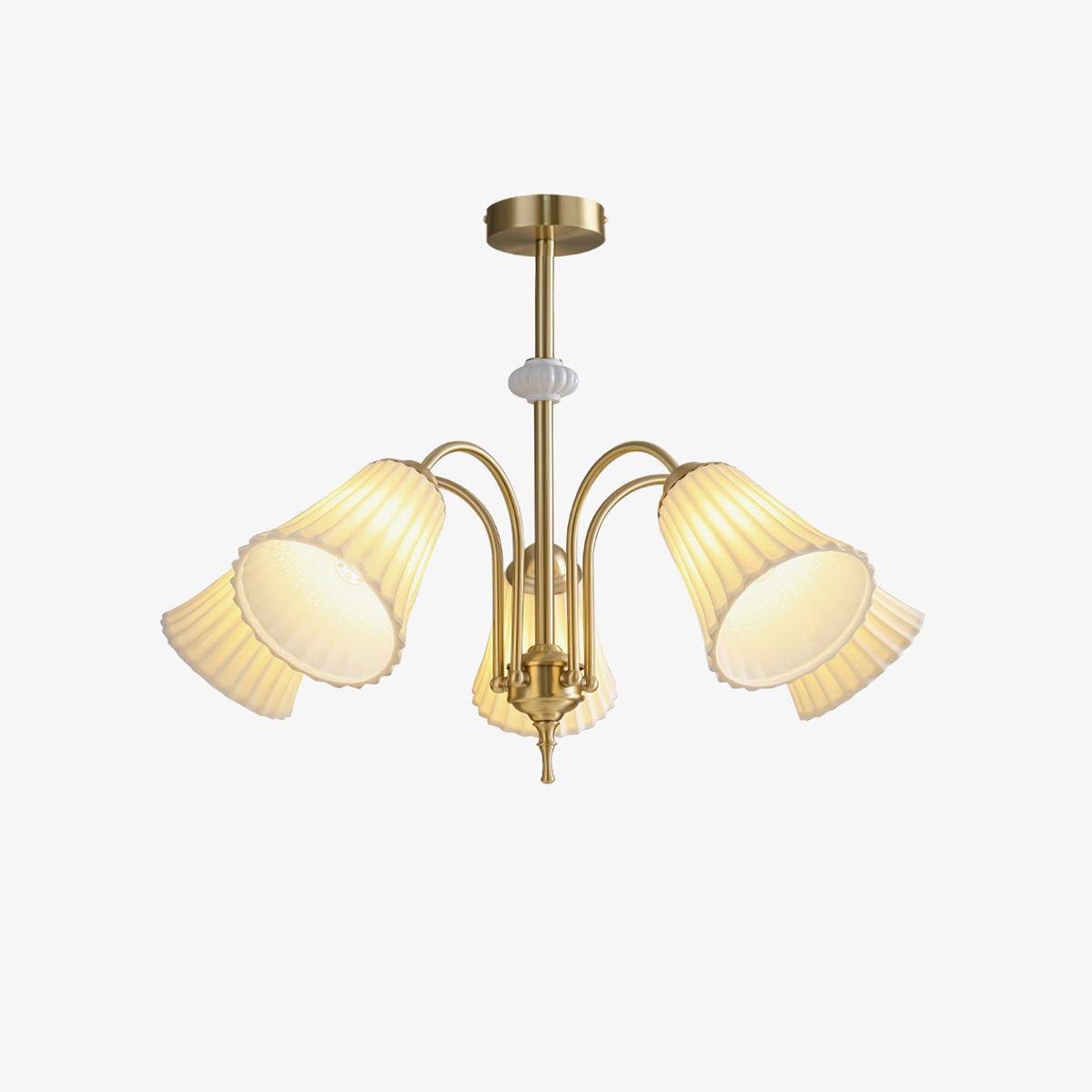 Vintage Medieval Style Ceramic Trumpet Chandelier with Gold Metal Arms and White Shades