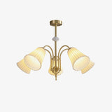 Vintage Medieval Style Ceramic Trumpet Chandelier with Gold Metal Arms and White Shades