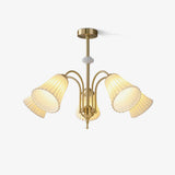 Vintage Medieval Style Ceramic Trumpet Chandelier with Gold Metal Arms and White Shades