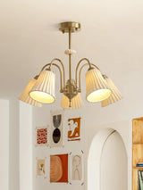Vintage Medieval Style Ceramic Trumpet Chandelier with Gold Metal Arms and White Shades