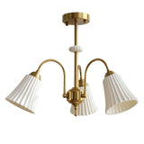Vintage Medieval Style Ceramic Trumpet Chandelier with Gold Metal Arms and White Shades