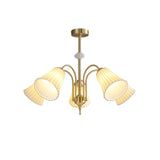 Vintage Medieval Style Ceramic Trumpet Chandelier with Gold Metal Arms and White Shades