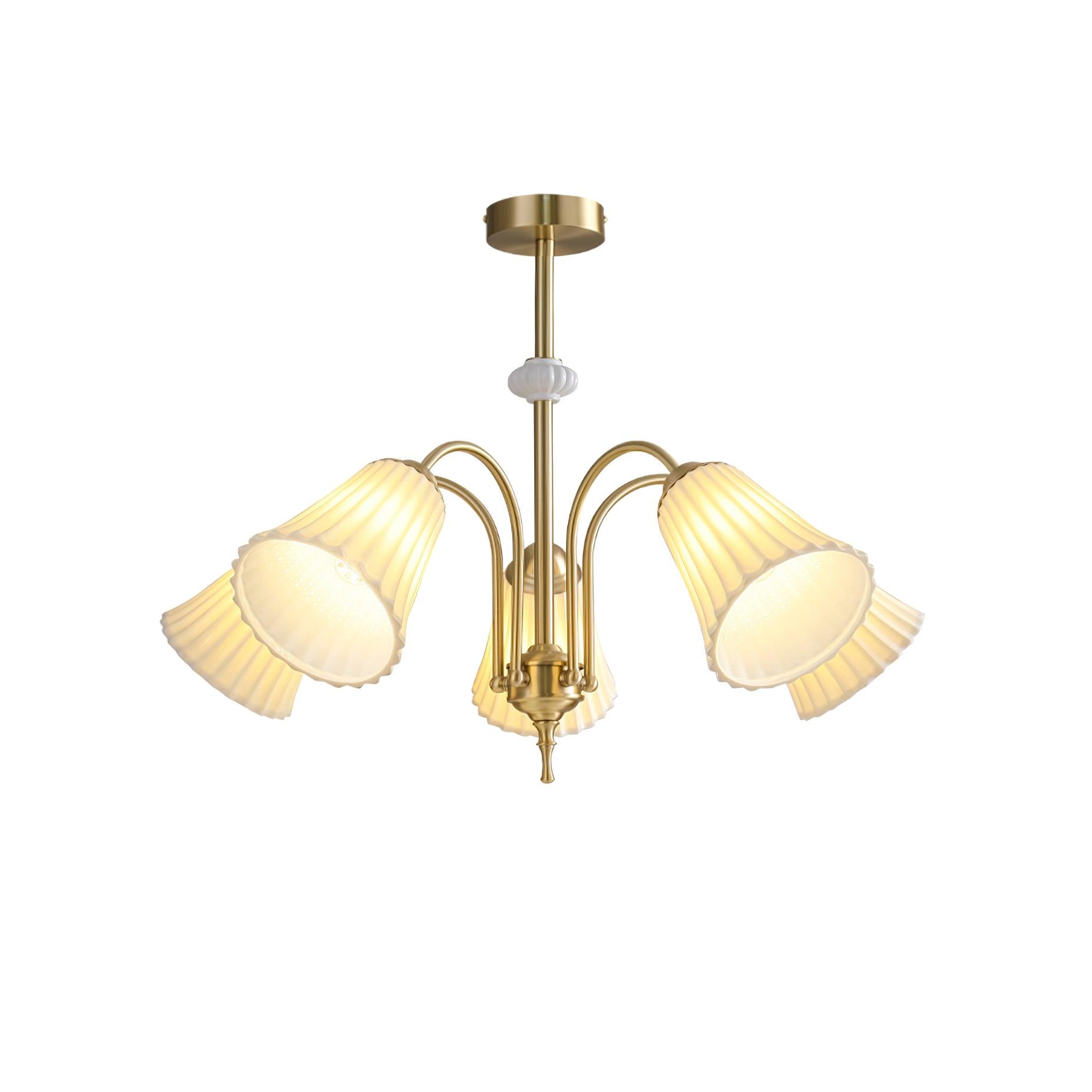 Vintage Medieval Style Ceramic Trumpet Chandelier with Gold Metal Arms and White Shades