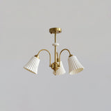 Vintage Medieval Style Ceramic Trumpet Chandelier with Gold Metal Arms and White Shades