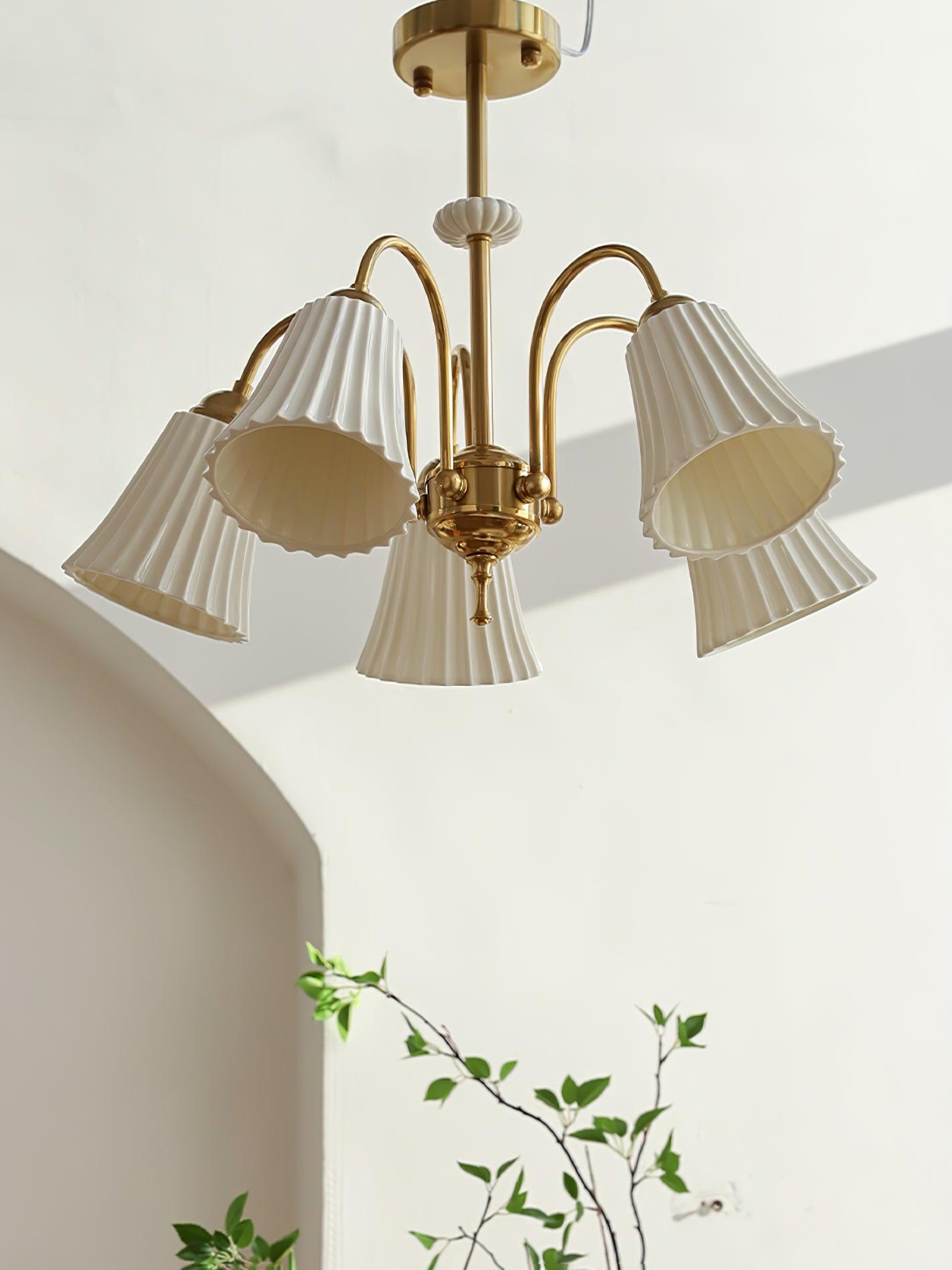 Vintage Medieval Style Ceramic Trumpet Chandelier with Gold Metal Arms and White Shades