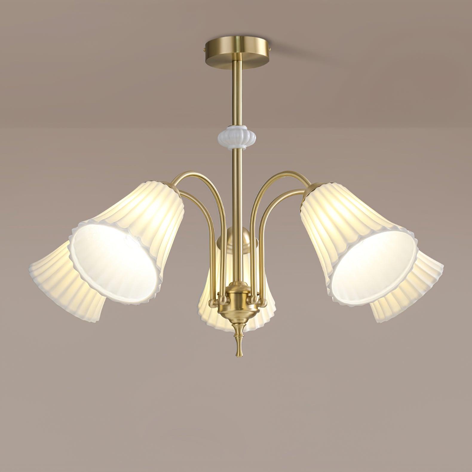 Vintage Medieval Style Ceramic Trumpet Chandelier with Gold Metal Arms and White Shades