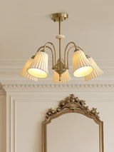 Vintage Medieval Style Ceramic Trumpet Chandelier with Gold Metal Arms and White Shades