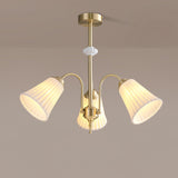 Vintage Medieval Style Ceramic Trumpet Chandelier with Gold Metal Arms and White Shades
