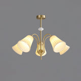 Vintage Medieval Style Ceramic Trumpet Chandelier with Gold Metal Arms and White Shades