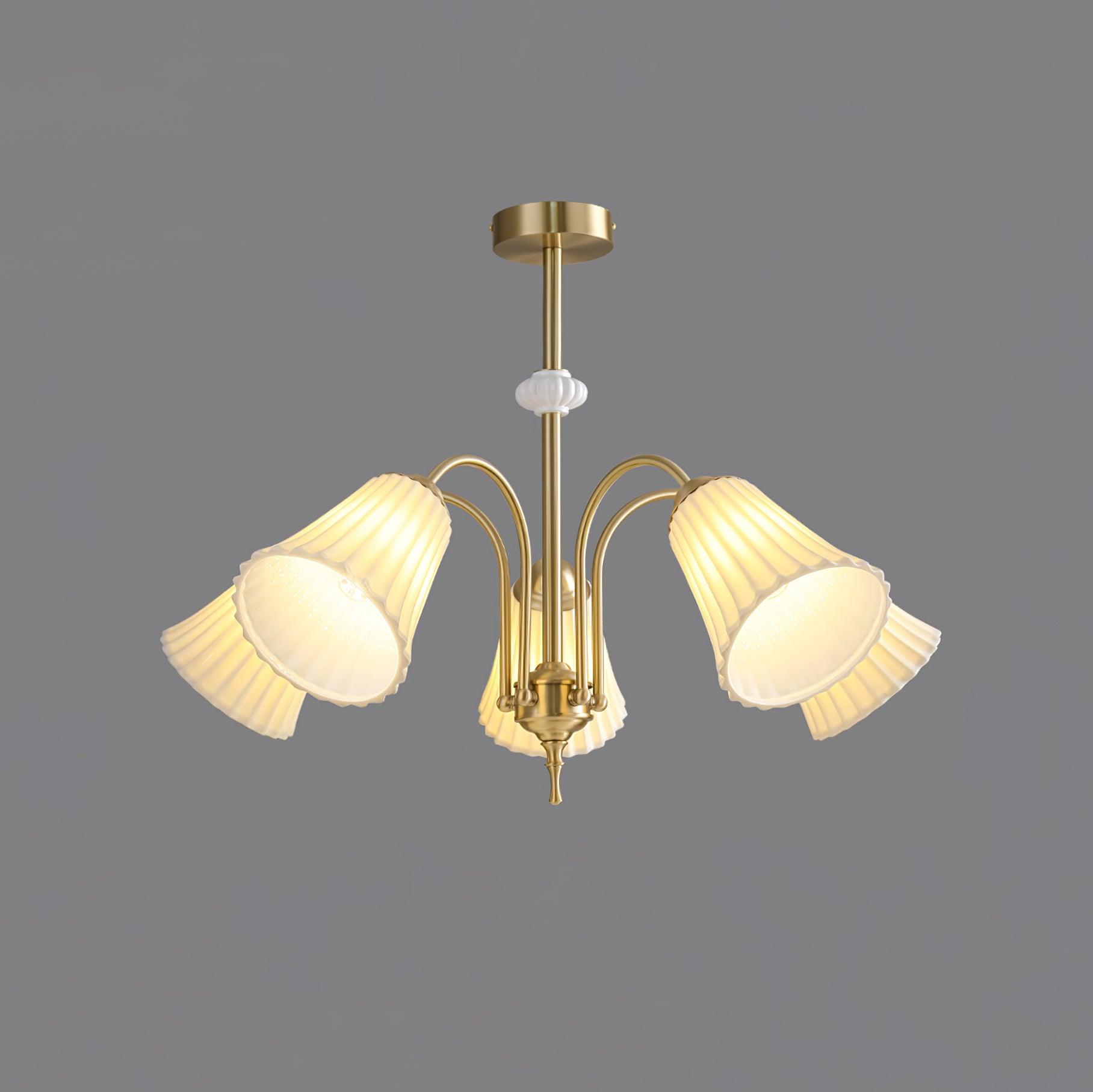 Vintage Medieval Style Ceramic Trumpet Chandelier with Gold Metal Arms and White Shades