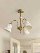 Vintage Medieval Style Ceramic Trumpet Chandelier with Gold Metal Arms and White Shades