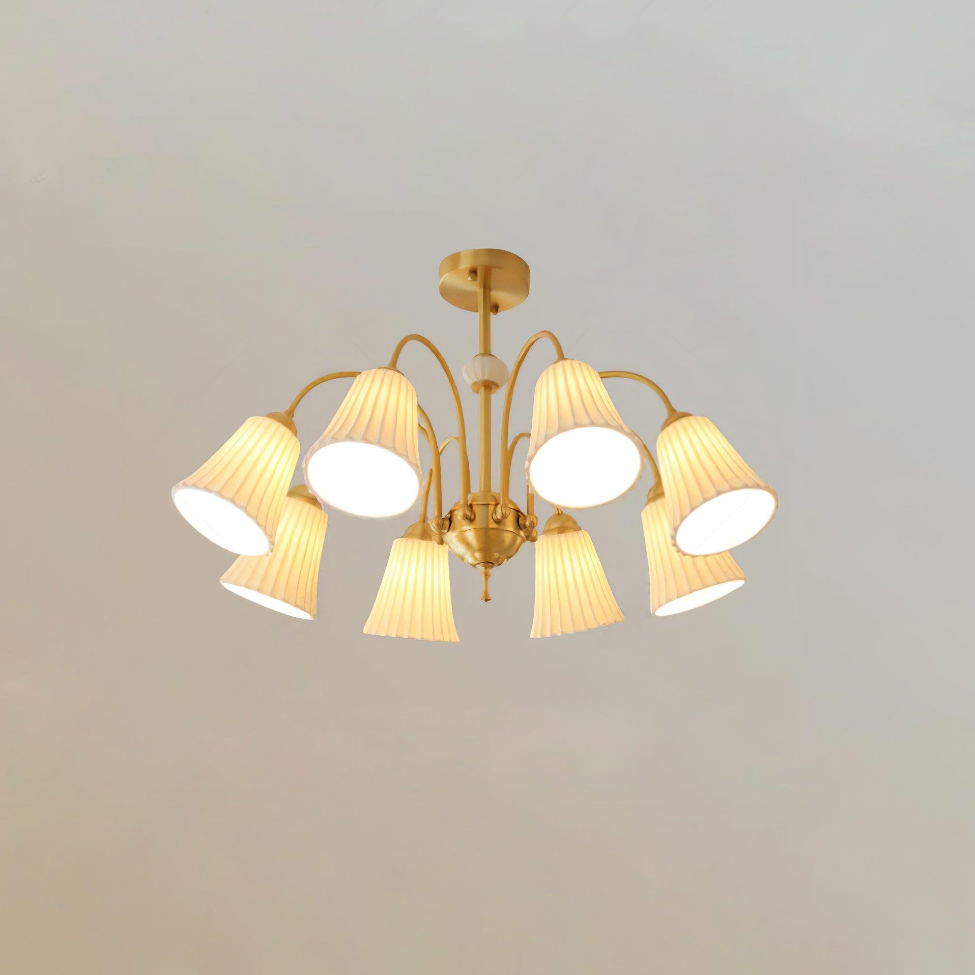 Vintage Medieval Style Ceramic Trumpet Chandelier with Gold Metal Arms and White Shades