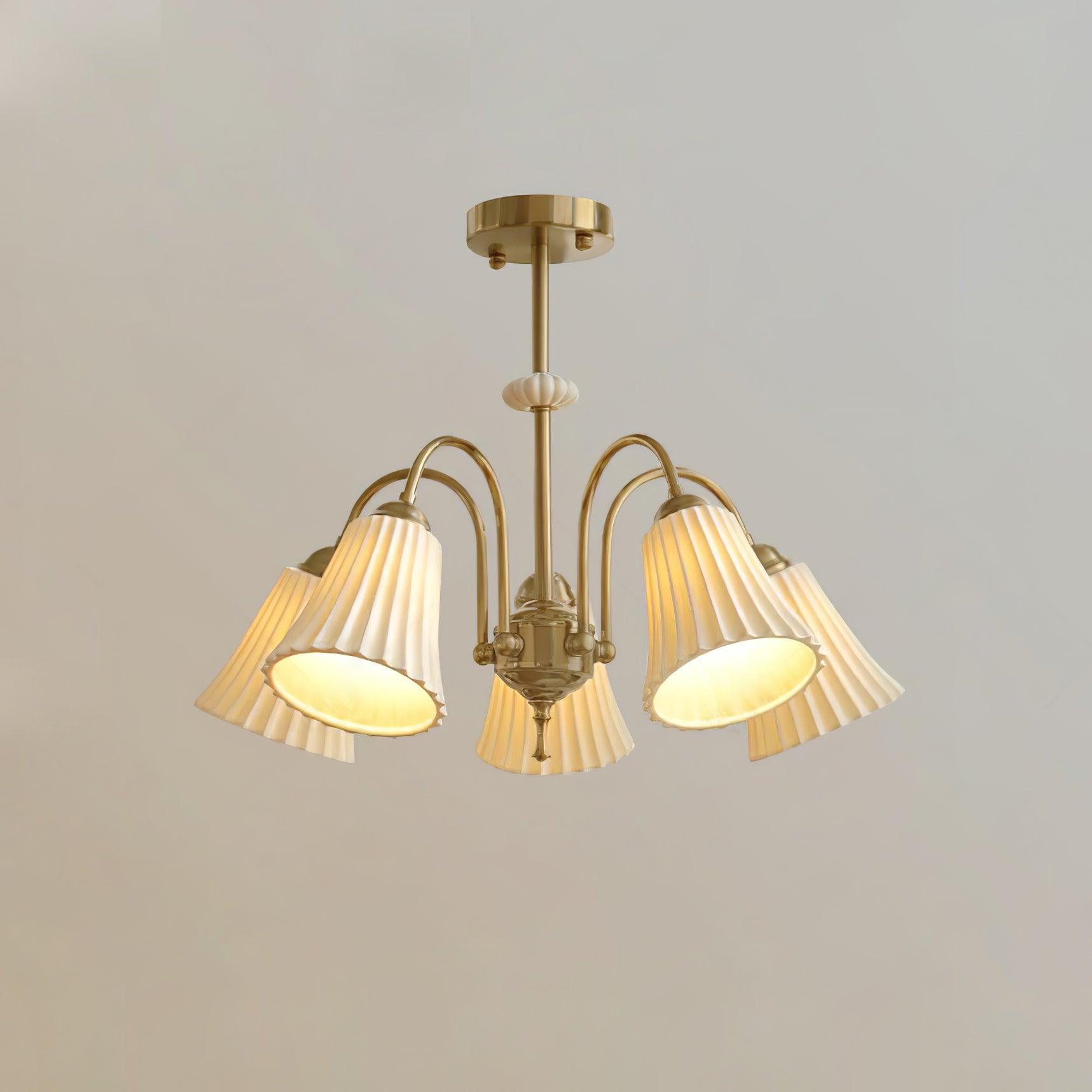 Vintage Medieval Style Ceramic Trumpet Chandelier with Gold Metal Arms and White Shades