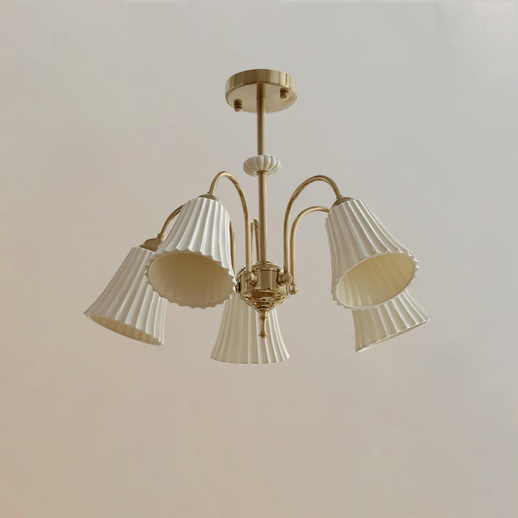 Vintage Medieval Style Ceramic Trumpet Chandelier with Gold Metal Arms and White Shades