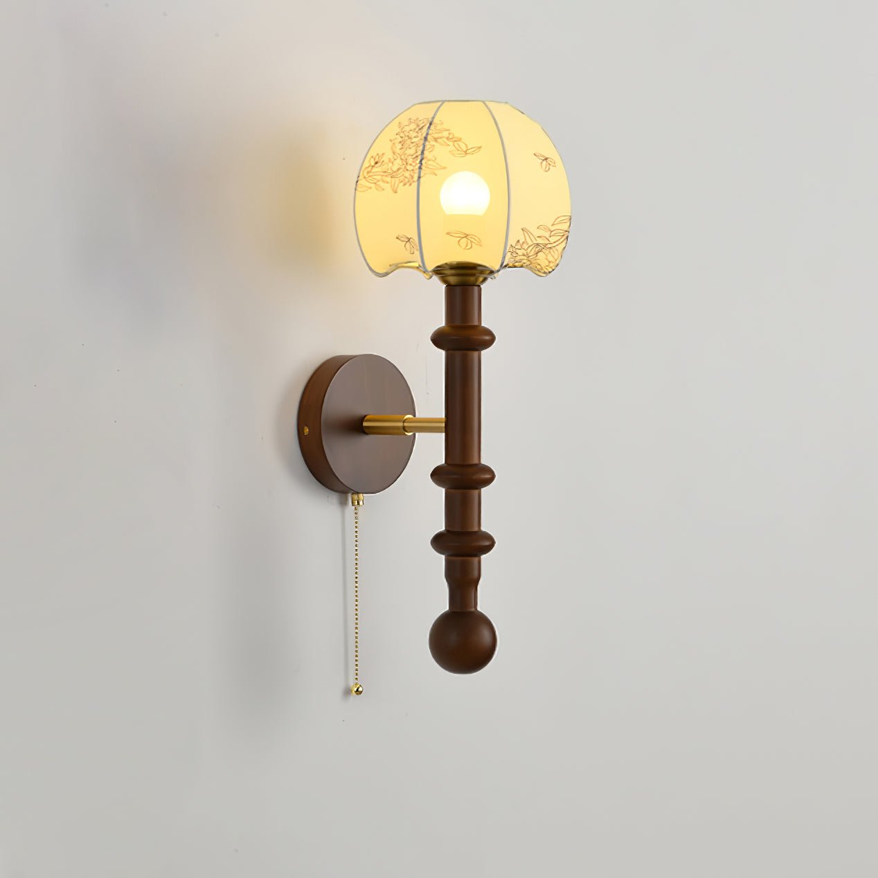 Vintage Roma Wood and Brass Wall Sconce with Glass Shade and Pull Chain Switch