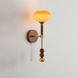 Vintage Roma Wood and Brass Wall Sconce with Glass Shade and Pull Chain Switch