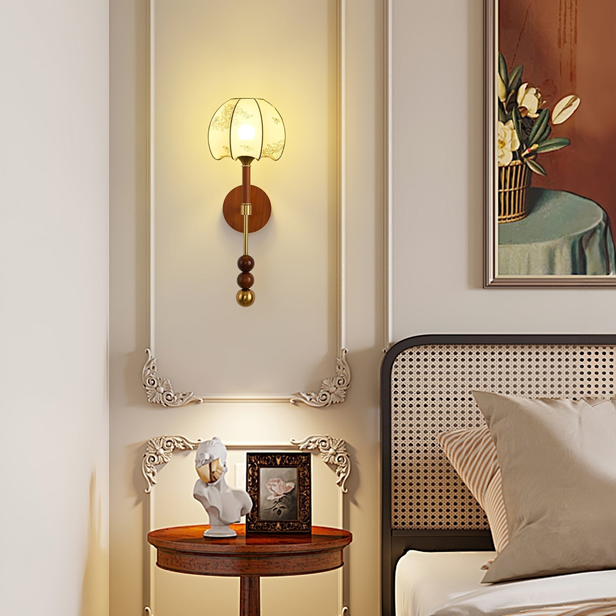 Vintage Roma Wood and Brass Wall Sconce with Glass Shade and Pull Chain Switch