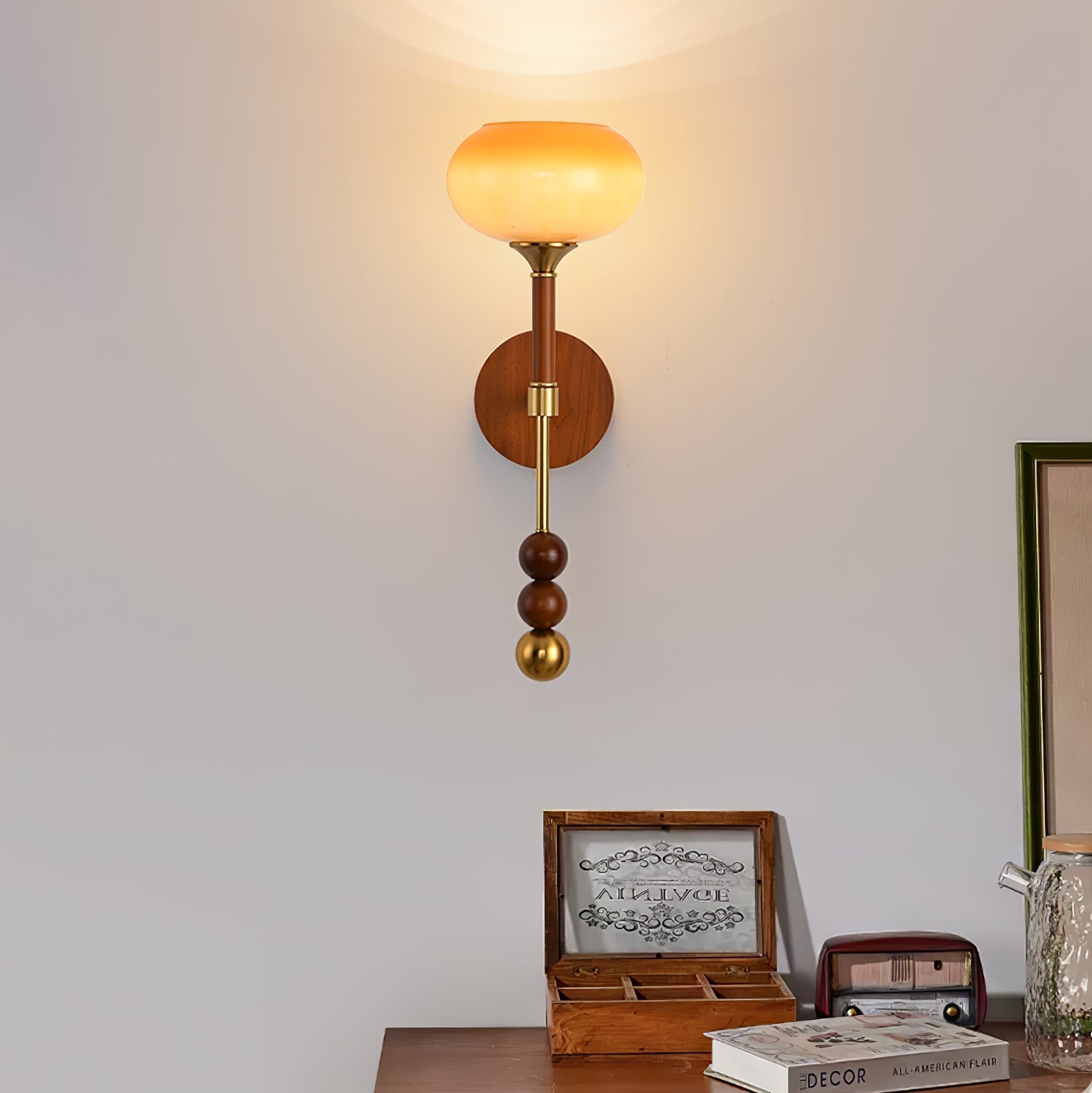 Vintage Roma Wood and Brass Wall Sconce with Glass Shade and Pull Chain Switch