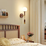 Vintage Roma Wood and Brass Wall Sconce with Glass Shade and Pull Chain Switch