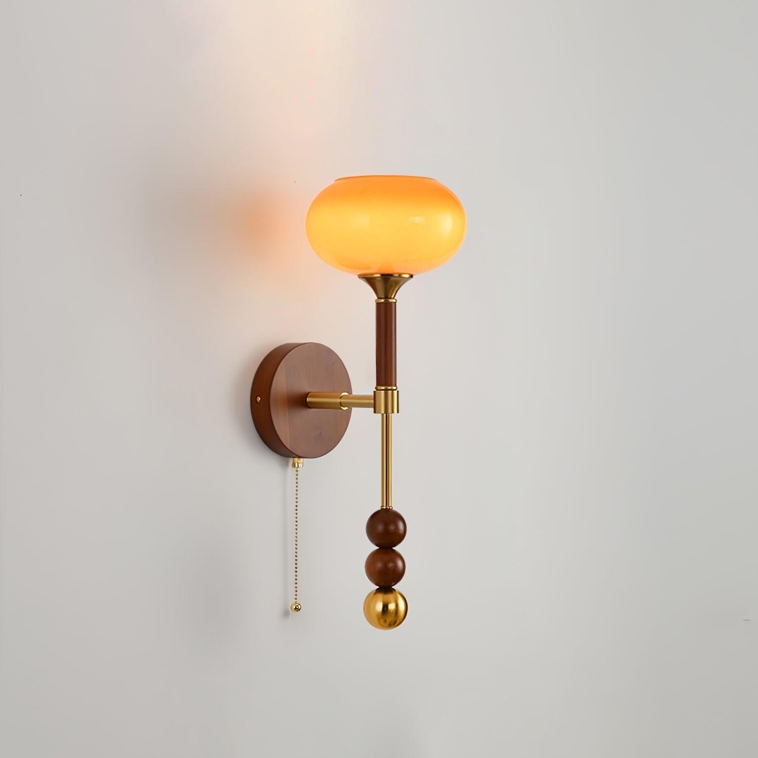 Vintage Roma Wood and Brass Wall Sconce with Glass Shade and Pull Chain Switch