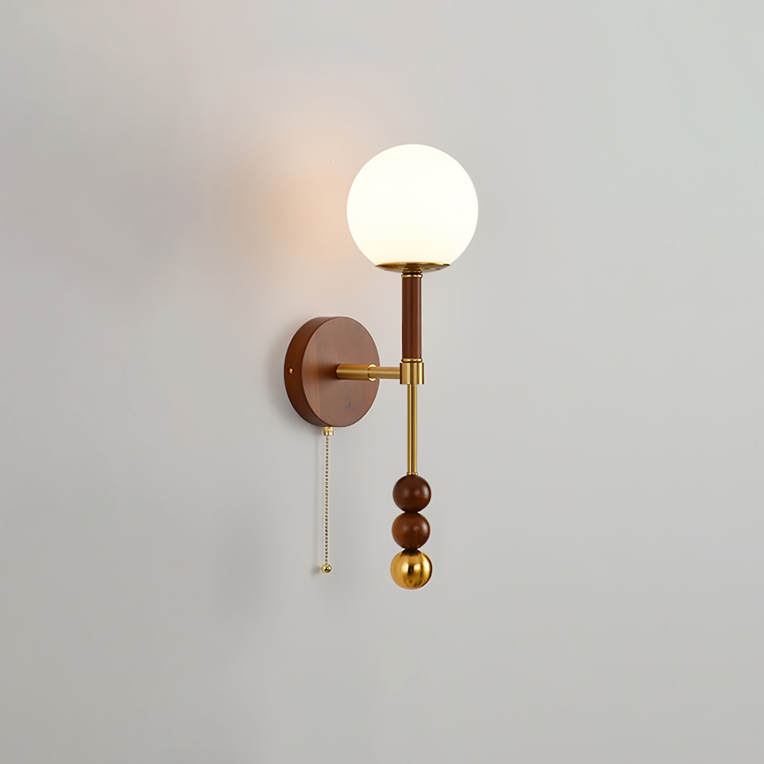 Vintage Roma Wood and Brass Wall Sconce with Glass Shade and Pull Chain Switch