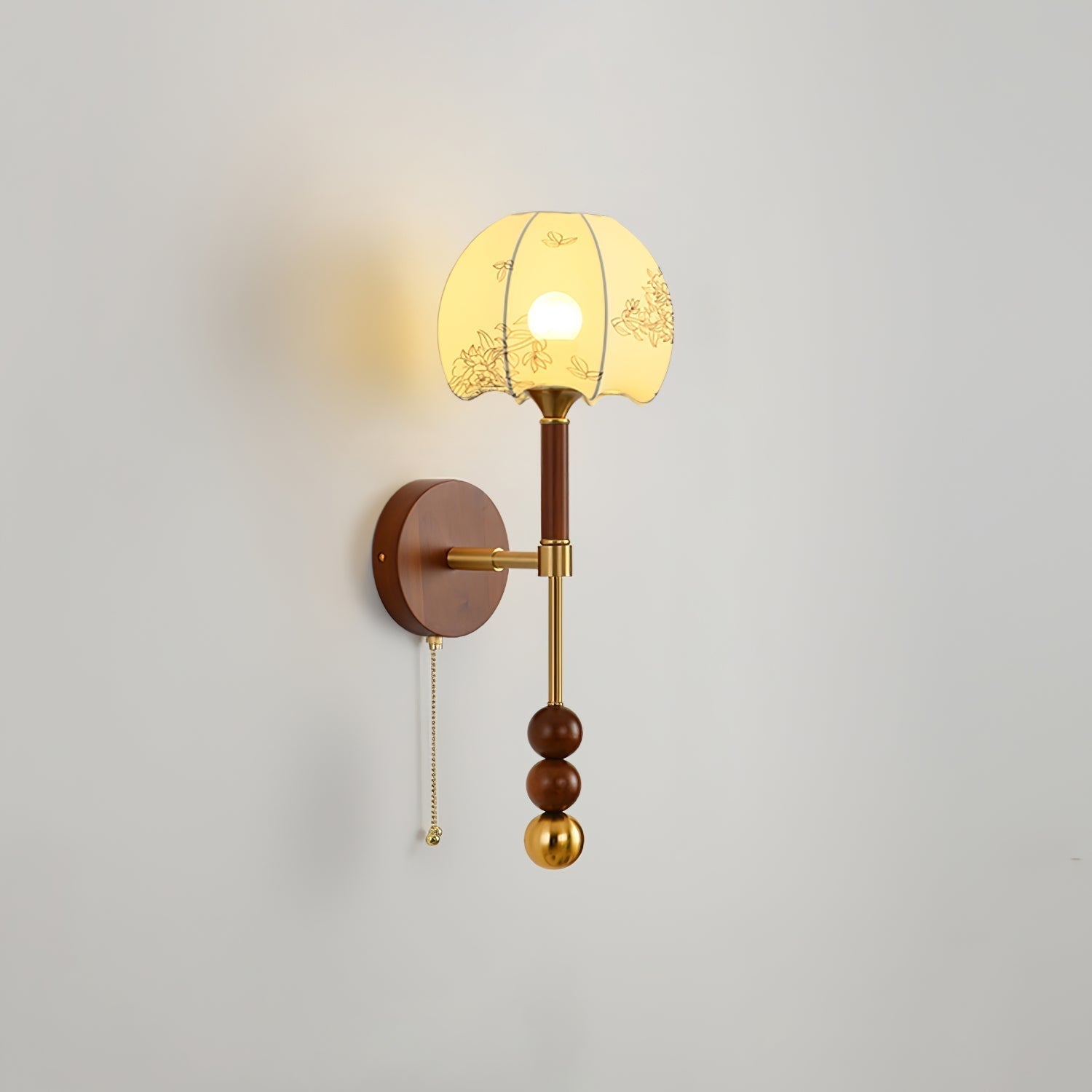 Vintage Roma Wood and Brass Wall Sconce with Glass Shade and Pull Chain Switch