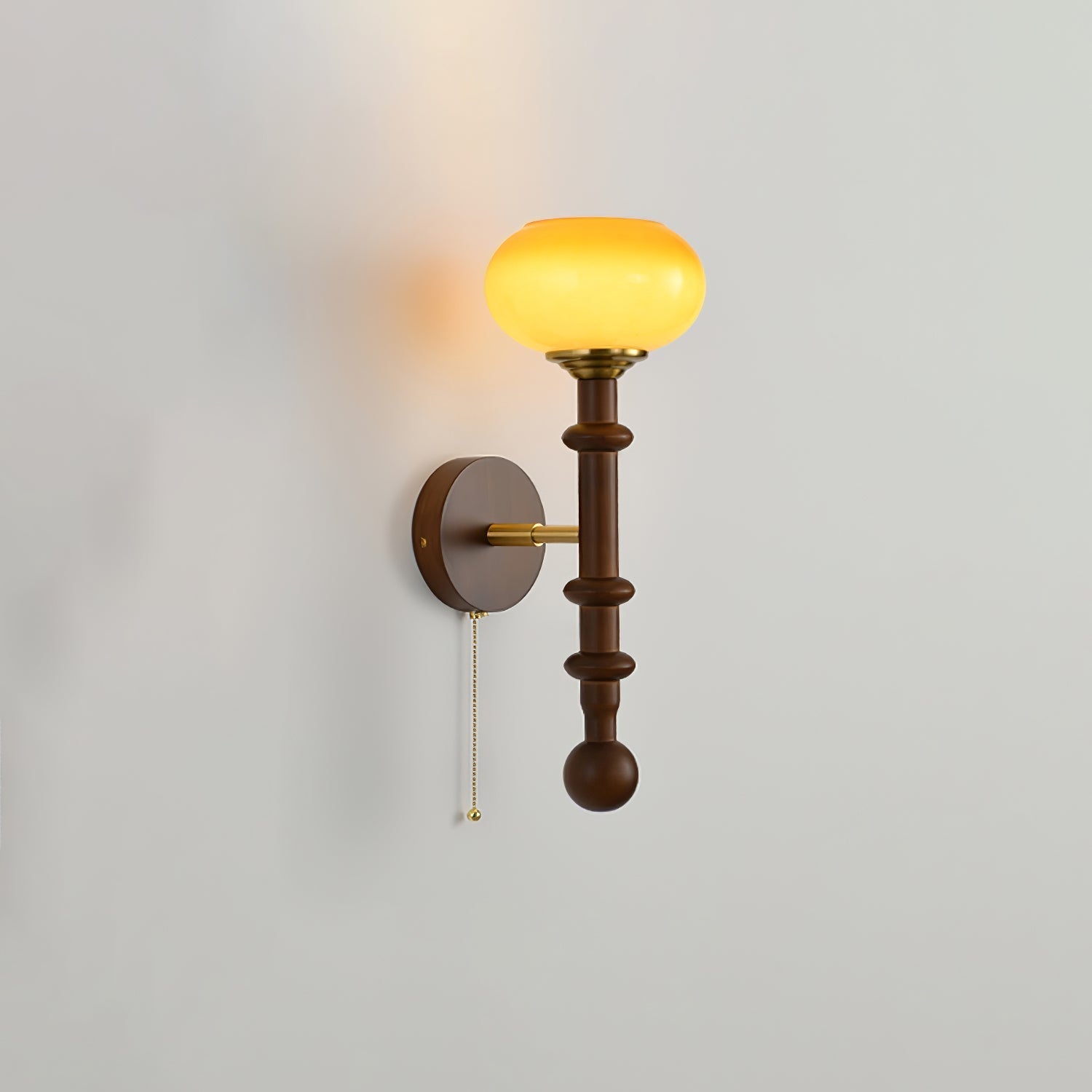 Vintage Roma Wood and Brass Wall Sconce with Glass Shade and Pull Chain Switch