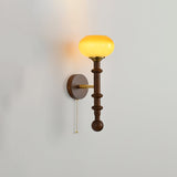 Vintage Roma Wood and Brass Wall Sconce with Glass Shade and Pull Chain Switch