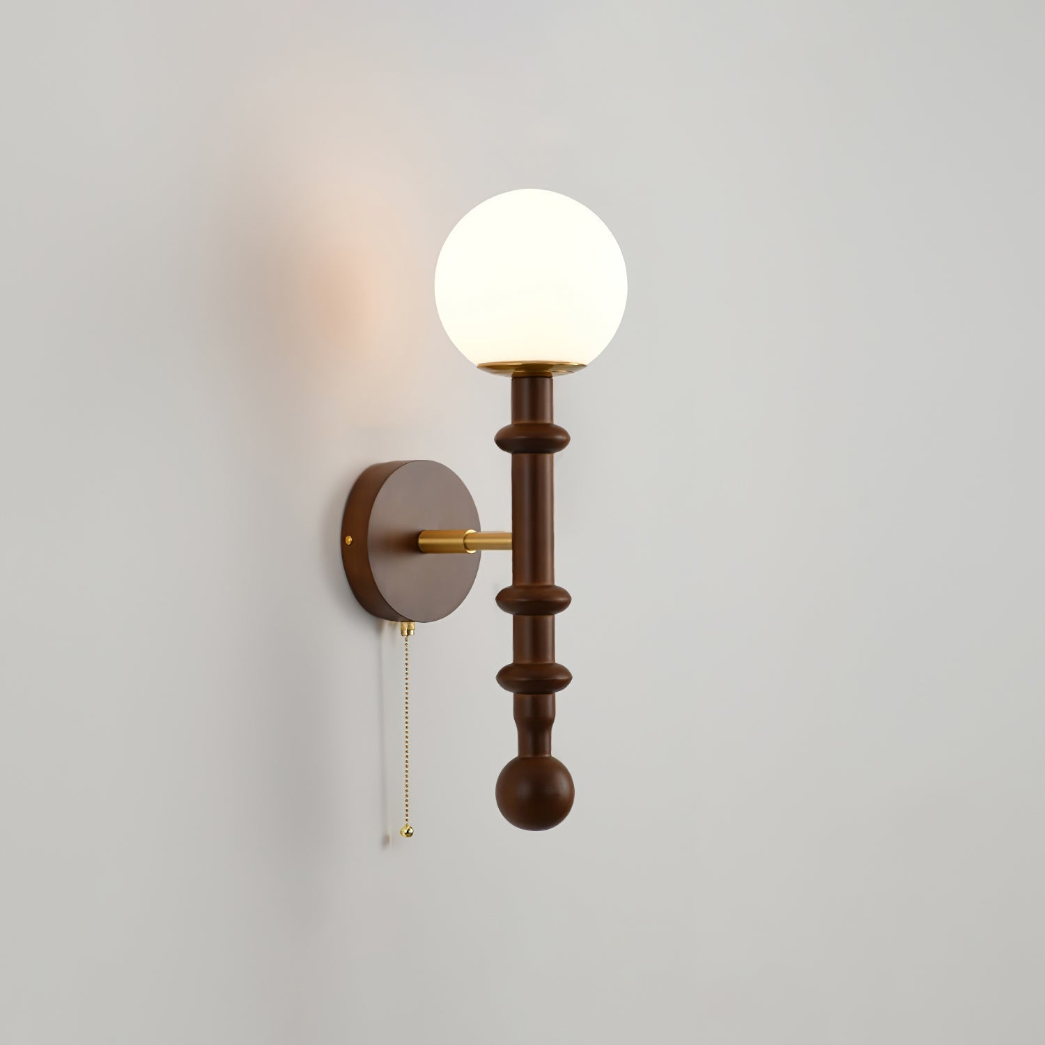 Vintage Roma Wood and Brass Wall Sconce with Glass Shade and Pull Chain Switch