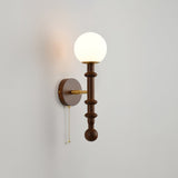 Vintage Roma Wood and Brass Wall Sconce with Glass Shade and Pull Chain Switch