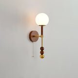 Vintage Roma Wood and Brass Wall Sconce with Glass Shade and Pull Chain Switch