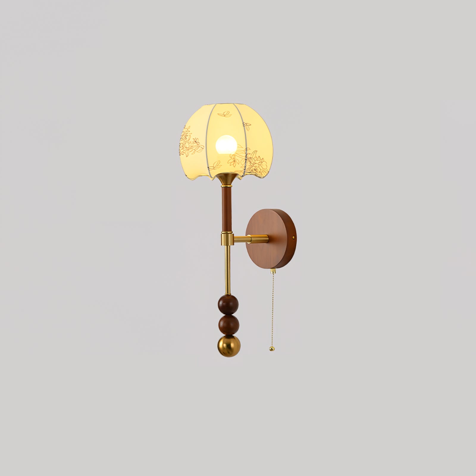 Vintage Roma Wood and Brass Wall Sconce with Glass Shade and Pull Chain Switch