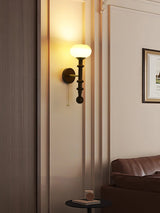 Vintage Roma Wood and Brass Wall Sconce with Glass Shade and Pull Chain Switch