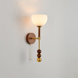 Vintage Roma Wood and Brass Wall Sconce with Glass Shade and Pull Chain Switch