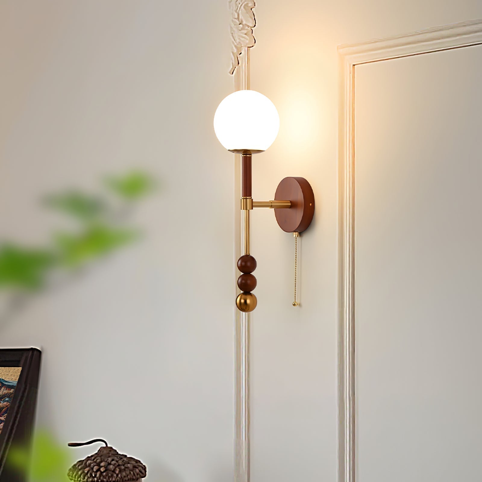 Vintage Roma Wood and Brass Wall Sconce with Glass Shade and Pull Chain Switch