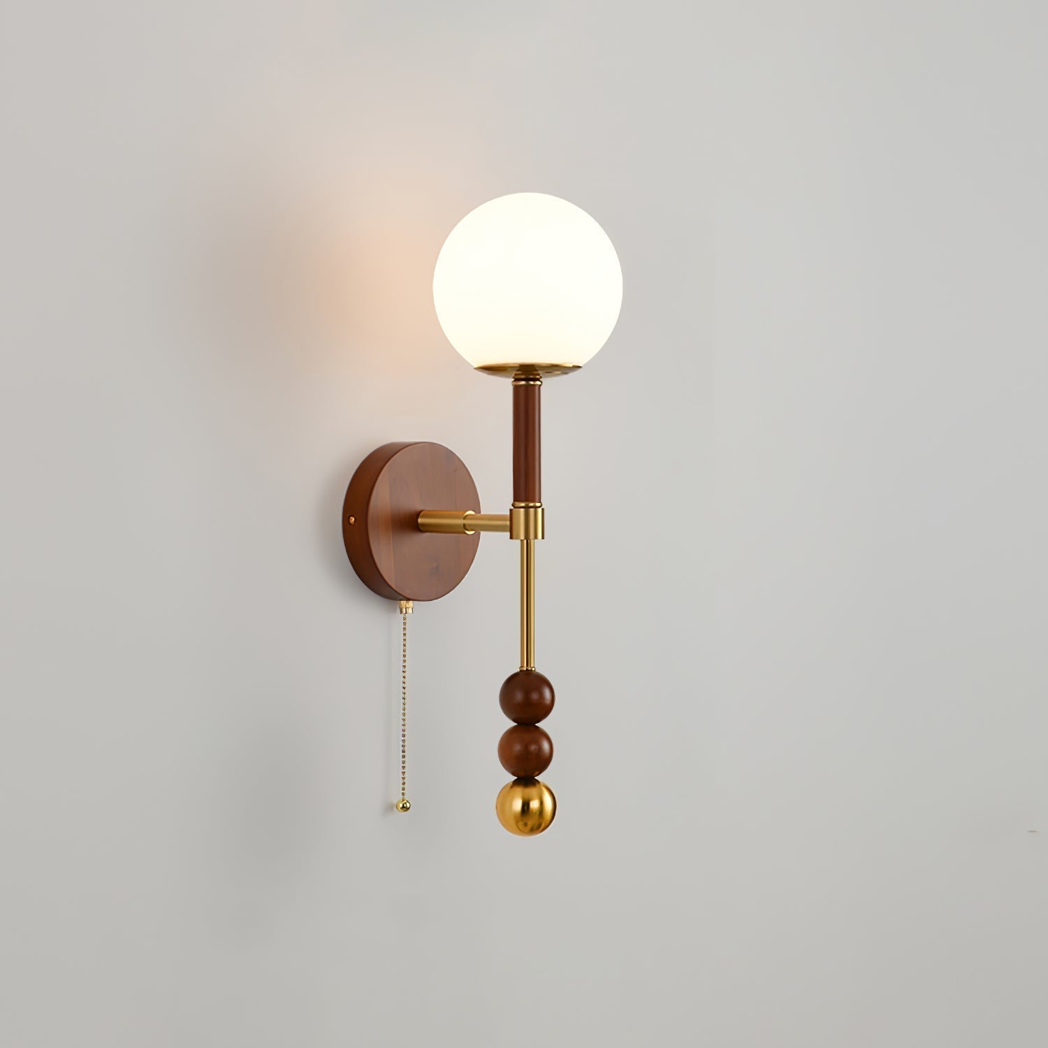 Vintage Roma Wood and Brass Wall Sconce with Glass Shade and Pull Chain Switch